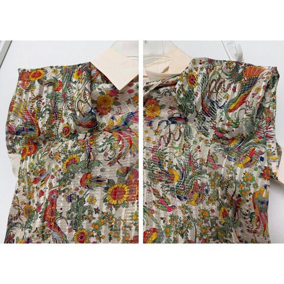 Tory Burch Promised Land Bird Peacock Floral Print Mini Dress Metallic Silk 8 - Picture 15 of 16